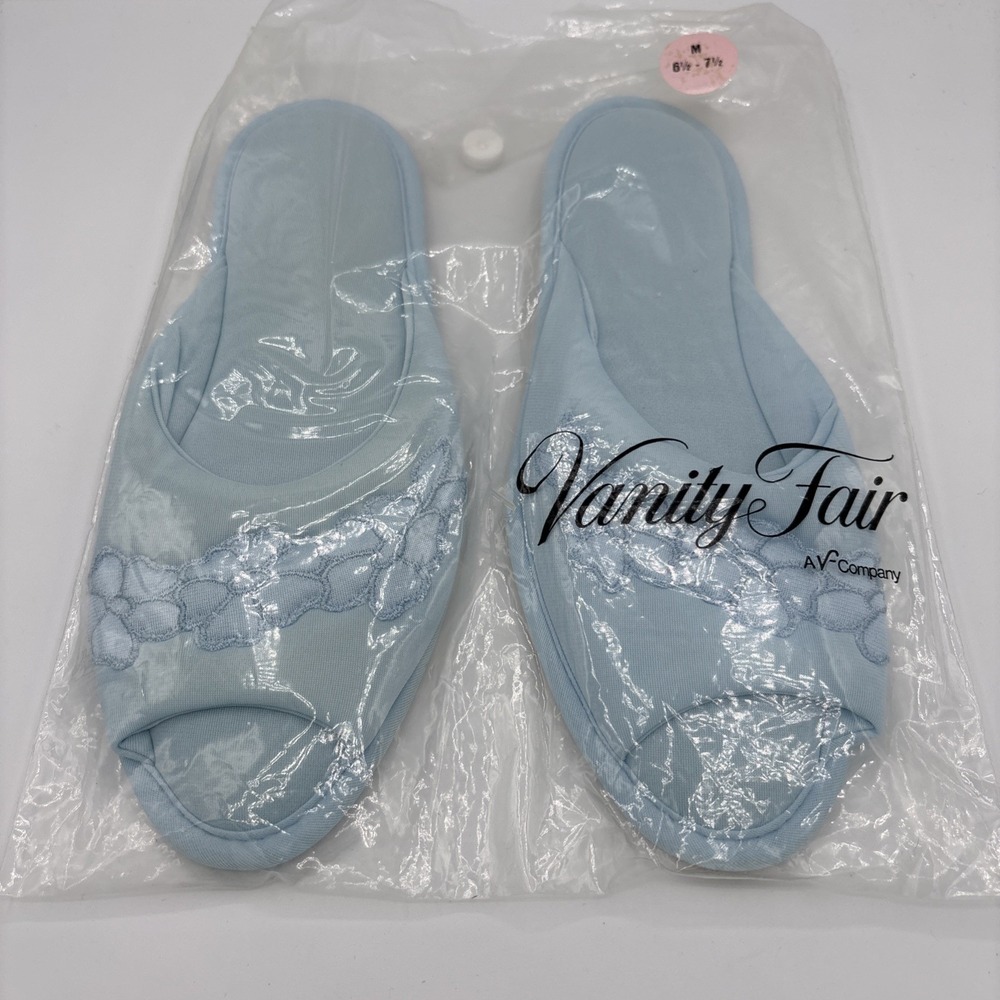 Vintage Vanity Fair Light Blue Satin House Shoes Slippers Floral Lace SZ M NOS‎